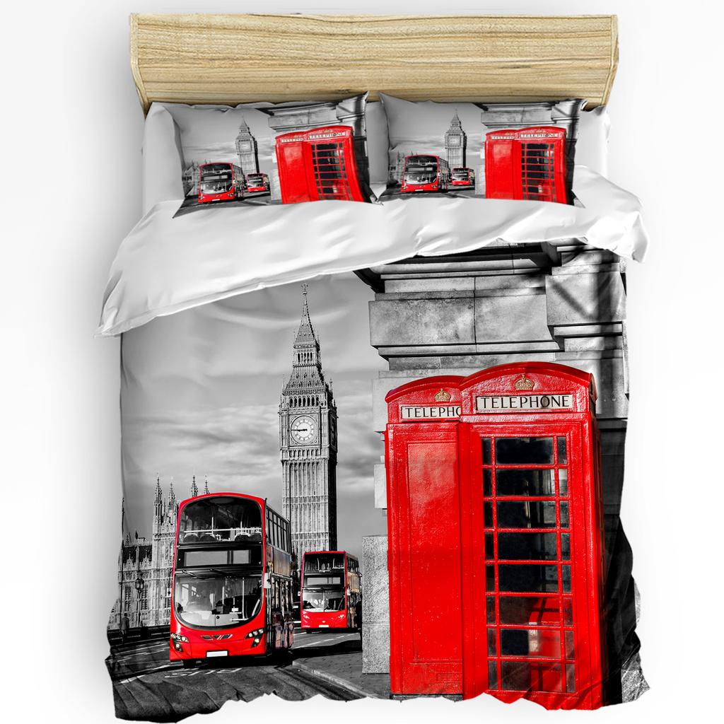 Tea Party Bedding Set For Bedroom Bed Home London Newspaper Inspired Background with Grung Duvet Cover Quilt Cover Pillowcase