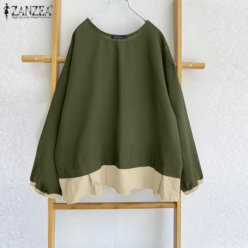 ZANZEA Женские осенние блузки с круглым вырезом и длинными рукавами в стиле колор-блок
