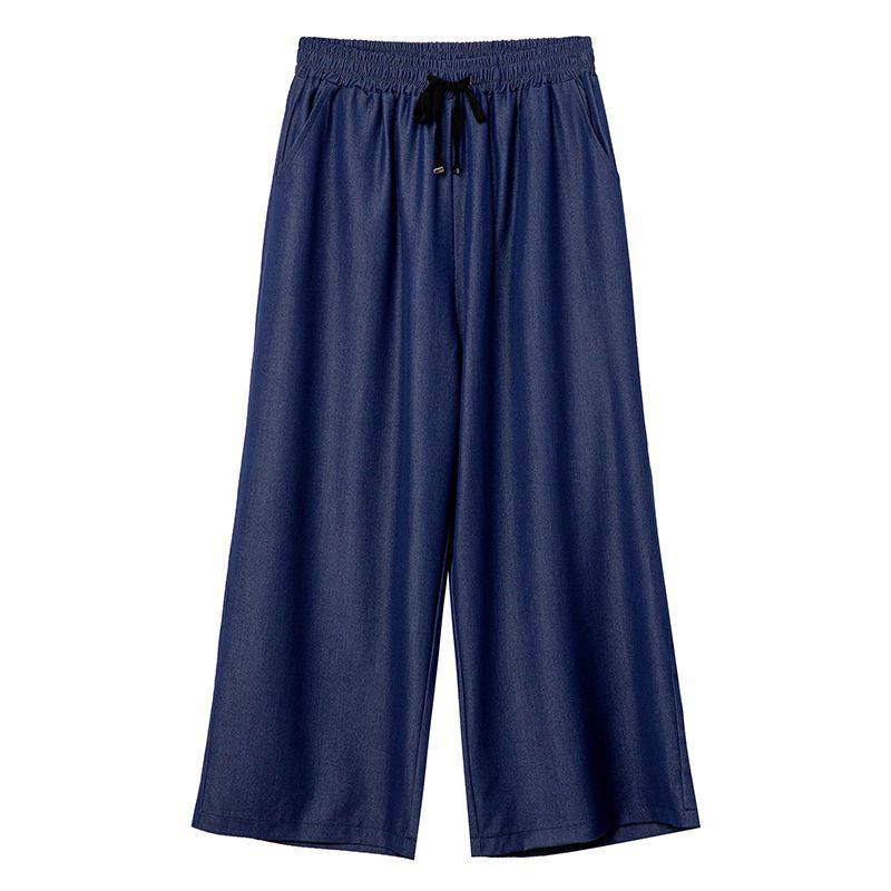 Женские летние джинсовые брюки wide-leg из тенсела - Ледяной шелк, укороченные на 9/10, Большие размеры