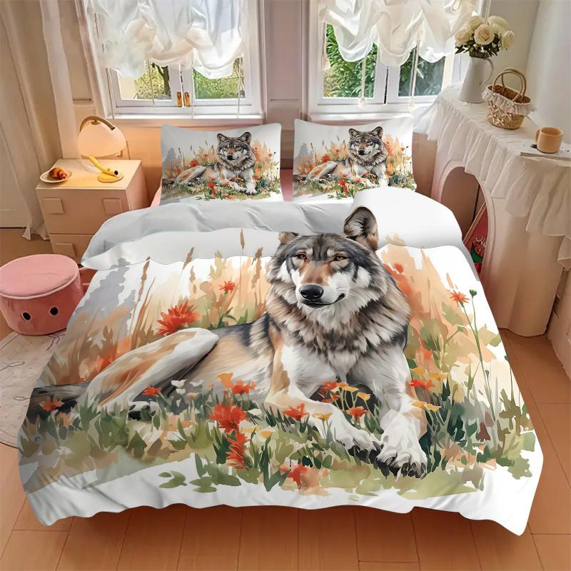 3pcs Wild Wolf amidst Autumnal Wildflowers Print Bedding Set (Without Inserts), Soft and Comfortable J092