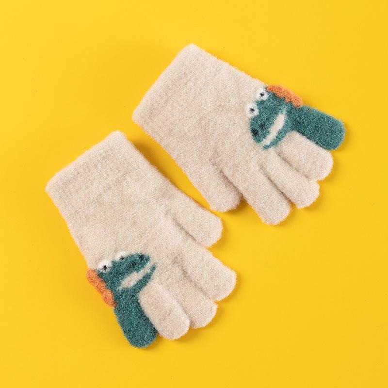 Children's wool gloves Primary school students autumn and winter outdoor riding cute cartoon dinosaur knitted warm finger gloves