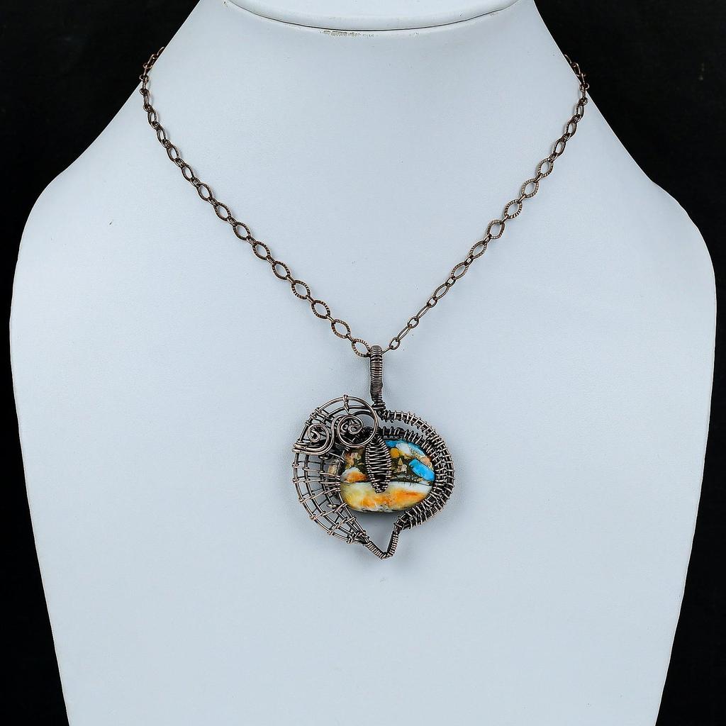 Подвеска из колючей устрицы и медной бирюзы, обернутая медной проволокой, украшения из натуральных драгоценных камней, подвеска ручной работы, украшения из медной проволоки, подарок для него