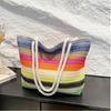 Bohemian Style Strip Weave Bag Beach Handbag Hollow Tote Bag Casual Rainbow Beach Bag  Vacation