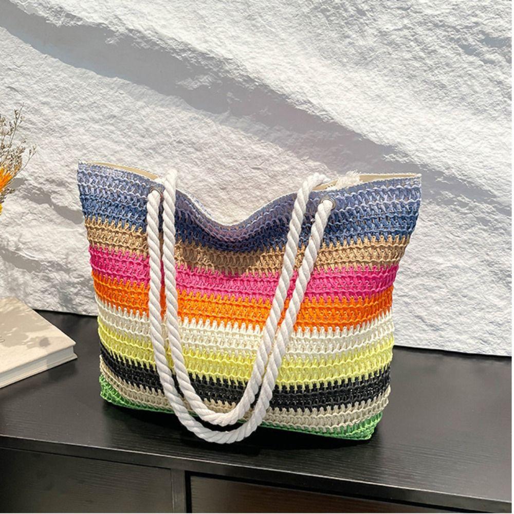 Bohemian Style Strip Weave Bag Beach Handbag Hollow Tote Bag Casual Rainbow Beach Bag Vacation