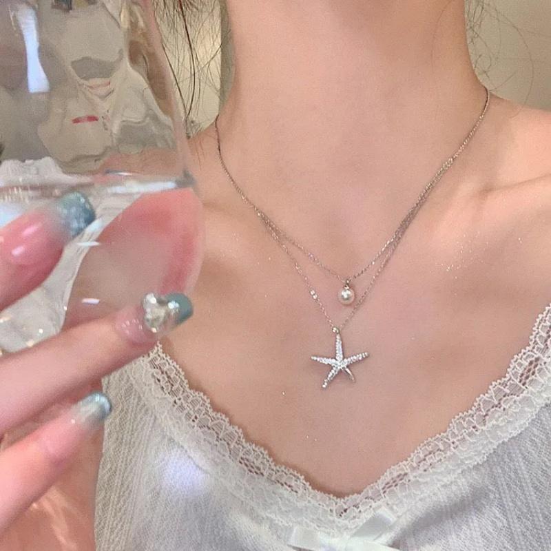 Fashion Silver Color Starfish Imitation Pearl Pendant Necklace for Women Simple Double Layered Clavicle Chain Necklace Jewelry
