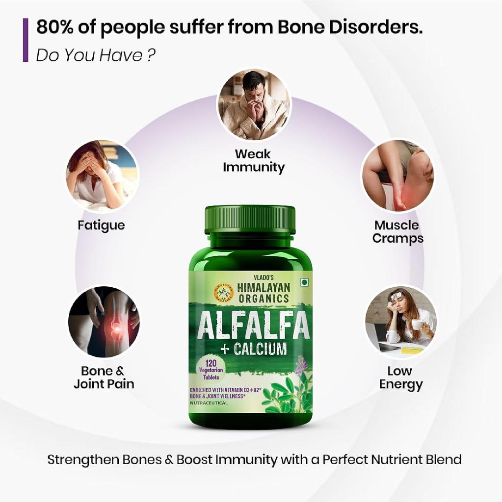 Vlado’s Himalayan Organics Alfalfa Calcium Tablets With Vitamin D3 K2 Magnesium Zinc For Bone Joint Muscle Support 120 Tablets