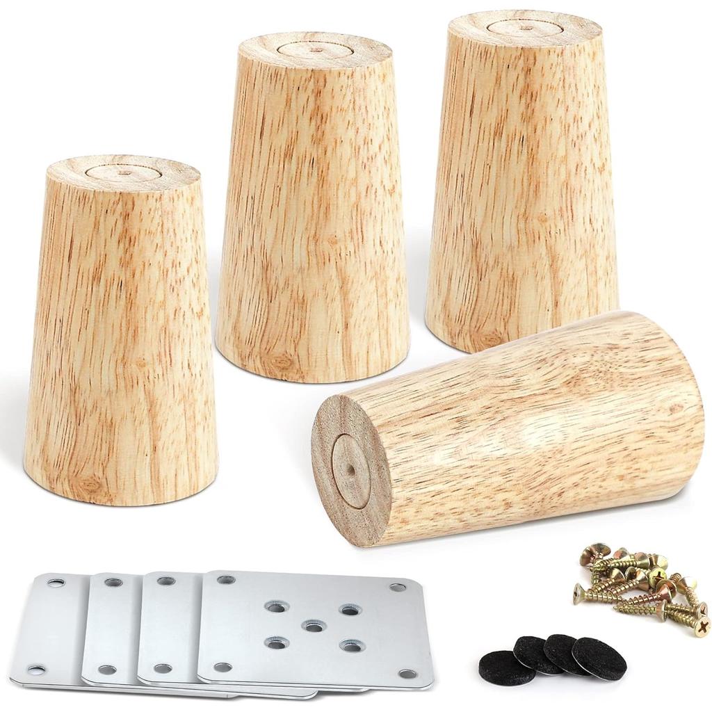 Pack of 4 Wooden Furniture Feet, Sofa Feet, 15 Cm Conical Replacement Table Legs, Furniture Legs with Mounting Plates & Screws for Sofa, Cabinet