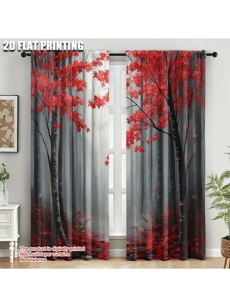 2pcs, Fashionable Curtains Print Art Deco Red Leaves Tree Print Versatile 100% Polyester (without Rod) All Seasons Perfect