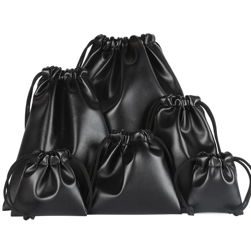Travel PU Leather Headphone Bags Black Draw String Bag Headset Bag Dust-proof Earphone Cable Pouch Men Women