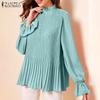 Women Casual Round Neck Loose Long Sleeve Pleated Blouse