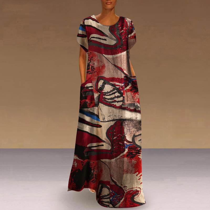 Spring Summer Women Style National Bohemian Dress Long Straight Oneck Loose Waist Print Pocket S5xl