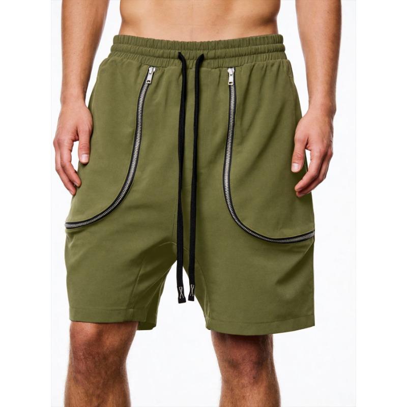 Men Casual Cargo Shorts Elastic Waist Drawstring With Zipper Pockets
