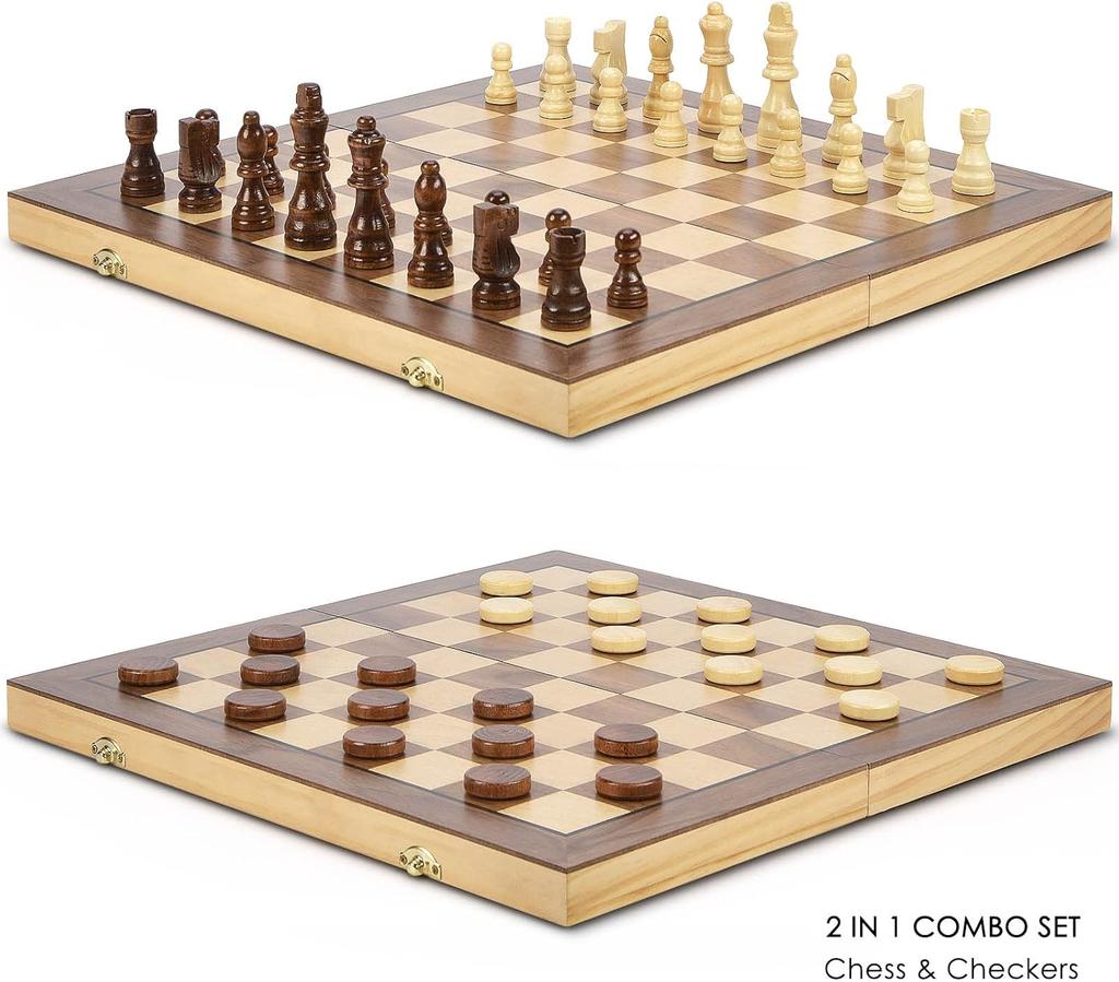 15-дюймовый магнитный деревянный набор для шахмат и шашек с 2 дополнительными ферзями, 24 фигуры, слоты для хранения – игра 2-в-1 для детей и взрослых