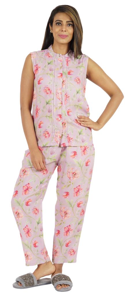 Phagun Pajamas Set Printed Rayon Sleepwear Sleeveless Nightwear For Women