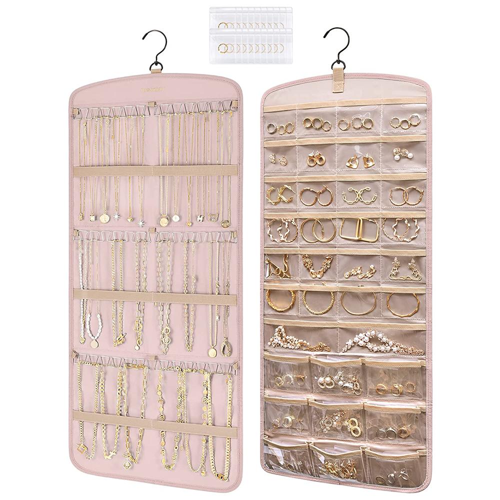 Wall Hanging Jewelry Organizer Necklace Holder Anti-tangle Earrings Hanger with 20 Jewelry Bags Travel Jewelry Storage Roll
