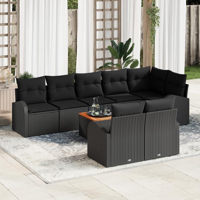 VidaXL Ensemble de canapé jardin 9 pièces avec coussins Noir Poly Rotin Acacia 3347597
