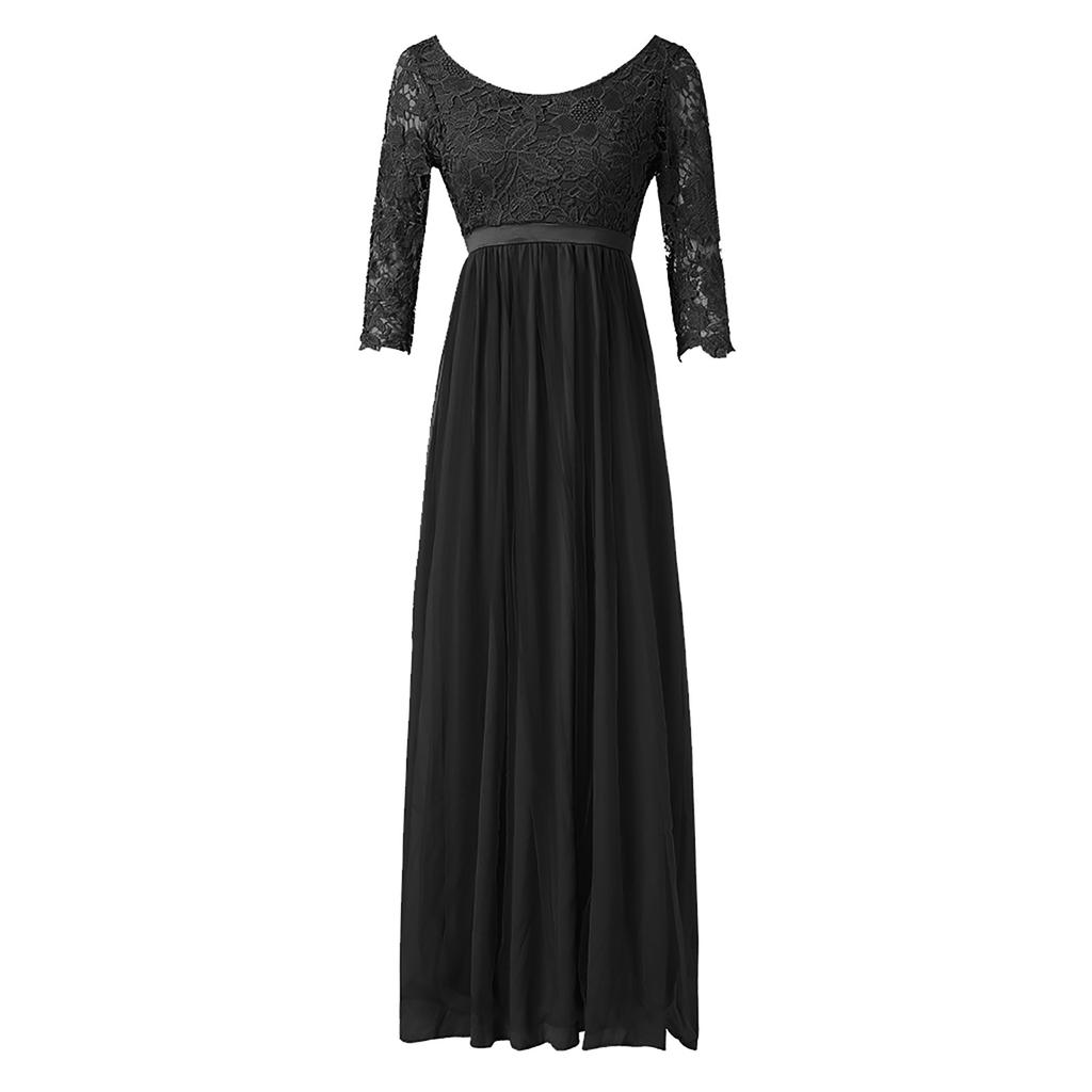 Женское летнее повседневное однотонное вечернее платье трапециевидной формы с круглым вырезом и молнией сзади со средними рукавами и кружевной сеткой