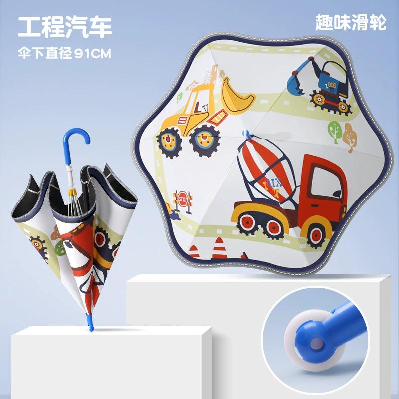 Безопасный детский зонт со светоотражающей полосой, милые зонты с закругленными углами со смешным колесиком, UPF50+ защита от УФ-лучей, солнцезащитный зонт от дождя