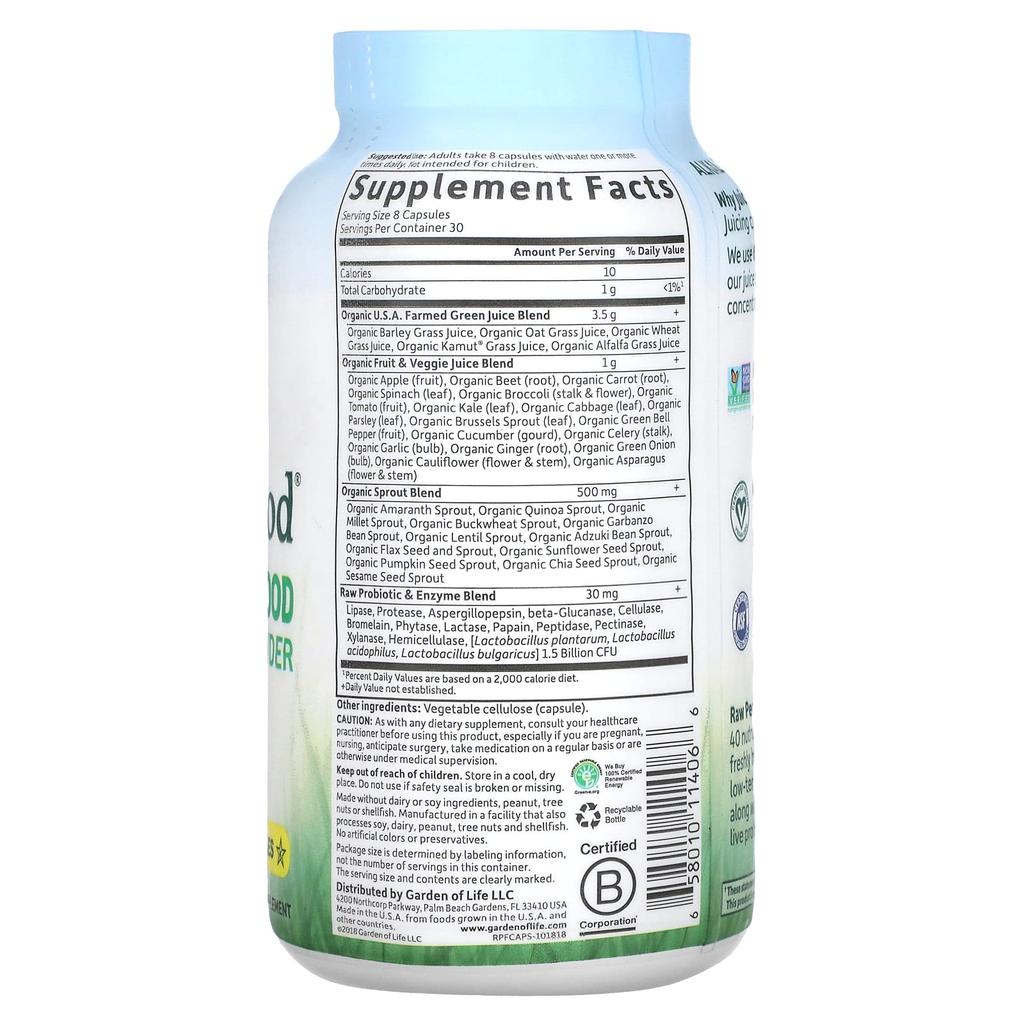Garden of Life RAW Perfect Food, Green Superfood, Vegetable Juice Powder, 240 Veggie Capsules