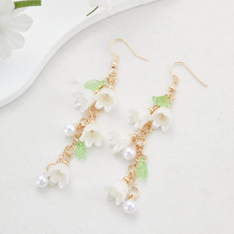 Сладкие романтичные серьги-подвески с цветком ландыша и зеленым листом для женщин, идиллическая классическая свадебная бижутерия