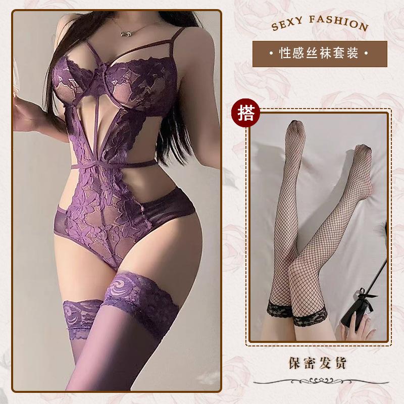 Hollow and thin sexy underwear sexy onesie temptation strap perspective lace free purple n