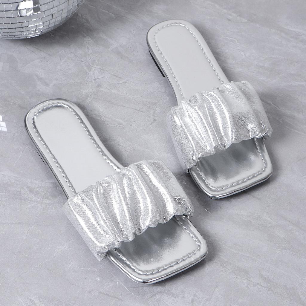 Summer Slippers for Women Pleated Flip Flops Flats 2024 New Korean Slippers Women Sandals Green Slip On Shoes Big Size 36-43