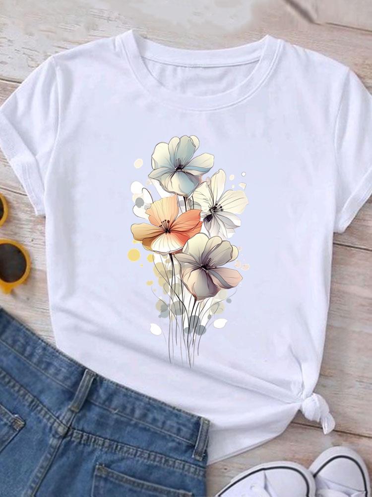 (Asian Size) Love Heart Flower Cute Casual O-neck Tee Clothing Top Short Sleeve T Shirt Fashion Print Lady Female Women Graphic T-shirts