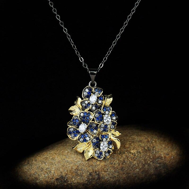 Изысканное женское ожерелье с синим цирконом, инкрустированная подвеска в форме цветка, цепочка на ключицы, вечерняя женская цепочка для свитера, ювелирные изделия из черного золота