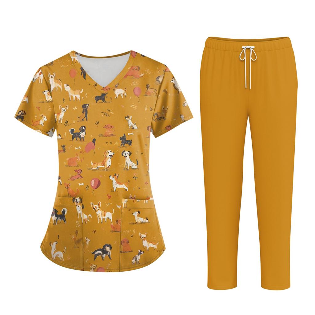 Плюс размерСкраб с принтом Рабочая форма Топы для женщин Крест V-образным вырезом Хэллоуин Принт с короткими рукавами Забавные футболки Спецодежда Футболка с карманами