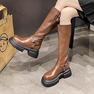 Модные сапоги до колена с пряжкой на толстой подошве для женщин, осенние модные женские сапоги на толстом каблуке, рыцарские сапоги в стиле пэчворк на платформе, Botas Mujer
