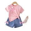 Girls' Casual Suit Summer Children's Fashion Round Neck Bow Short Sleeve Top Denim Shorts Two-piece Set
