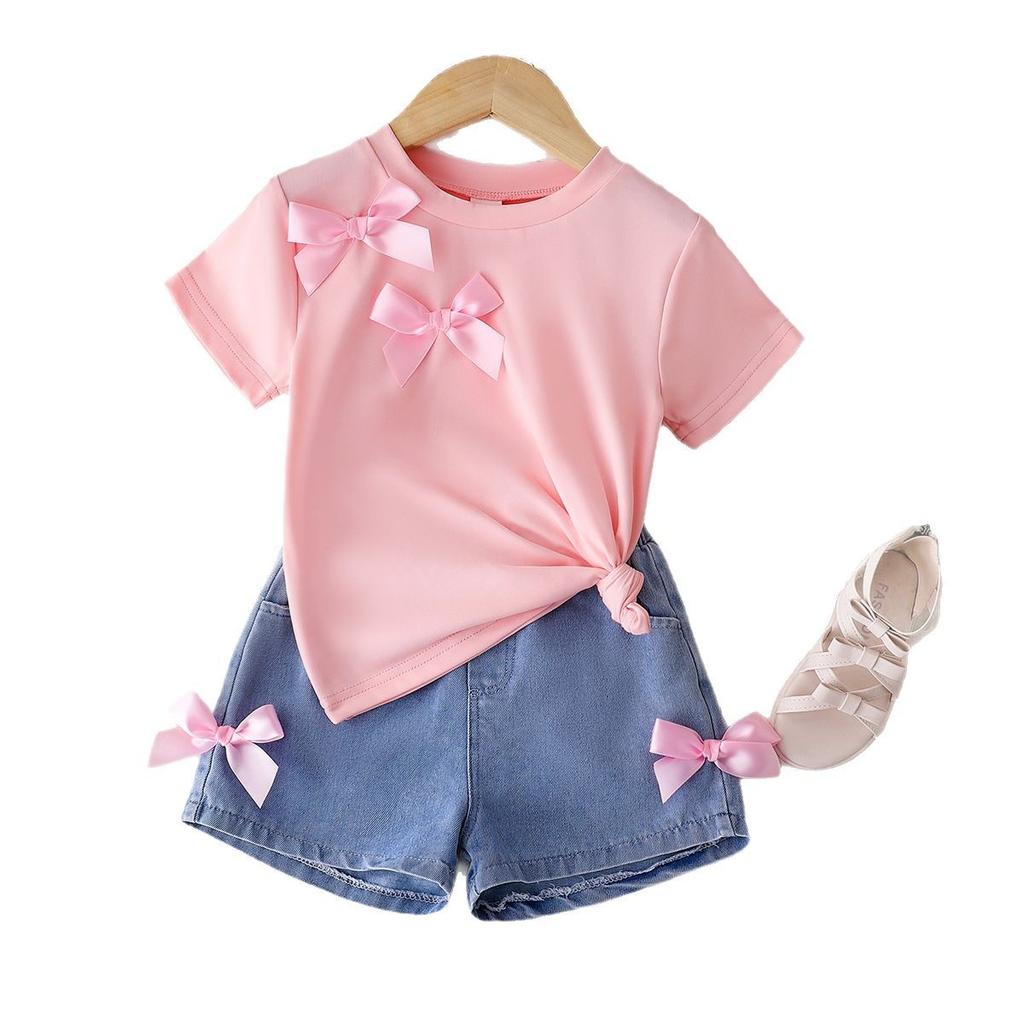 Girls' Casual Suit Summer Children's Fashion Round Neck Bow Short Sleeve Top Denim Shorts Two-piece Set