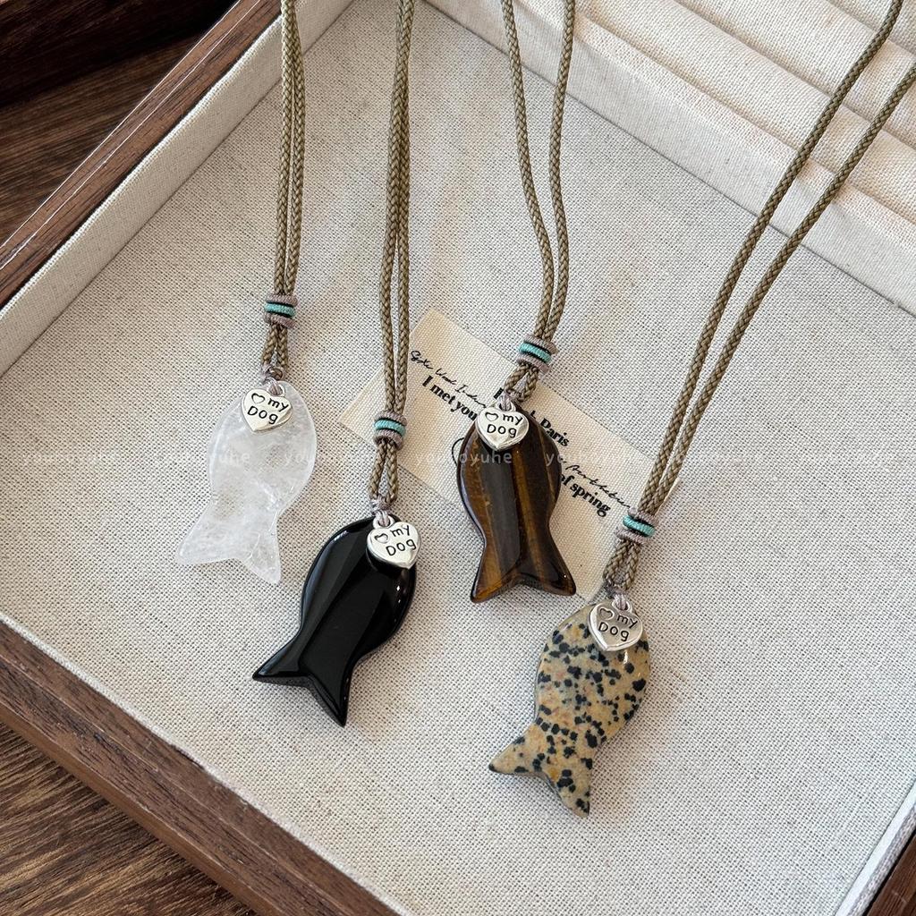 Женское ожерелье с подвеской в виде рыбки из камня тигровый глаз в стиле Y2K - Аксессуар с длинной цепочкой класса люкс