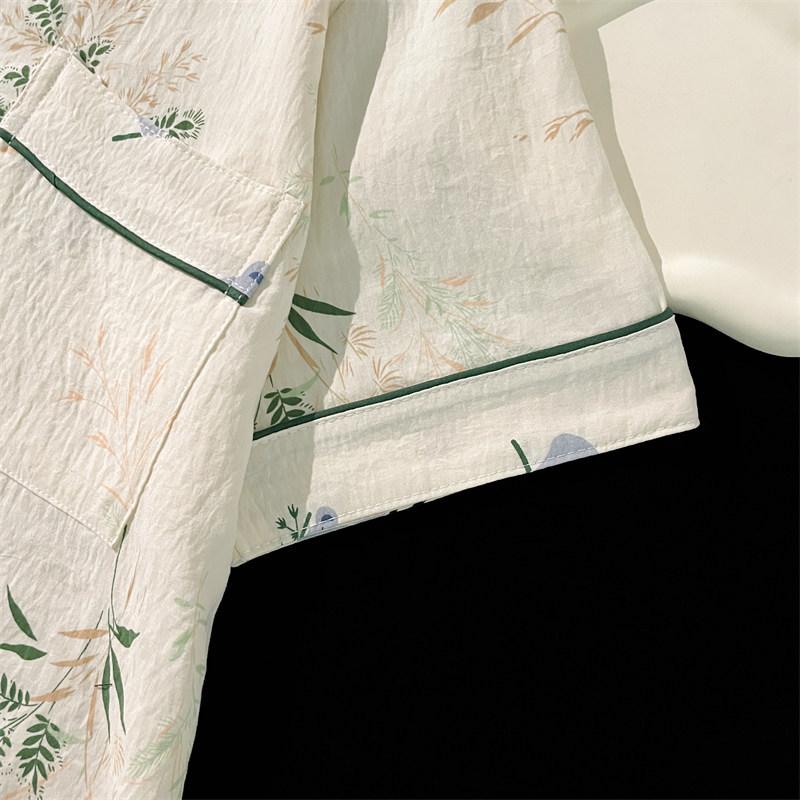 Summer Faux Cotton Women Pajamas Set Button Down Top & Shorts 2 Pieces Sleepwear Print Floral Nightwear Loungewear for Ladies