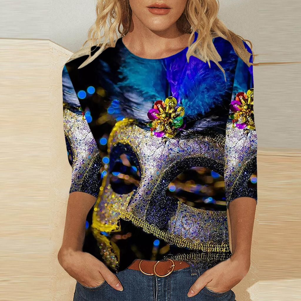 Круглый вырез 3D Карнавальная маска Печатный топ Модные повседневные длинные рукава женские футболки