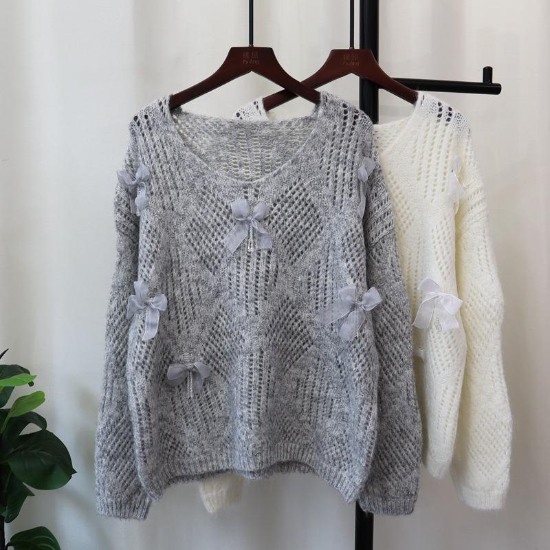 Пуловер с полым бантом, осень и зима, новый свободный дизайн, милый вязаный свитер-топ для женщин