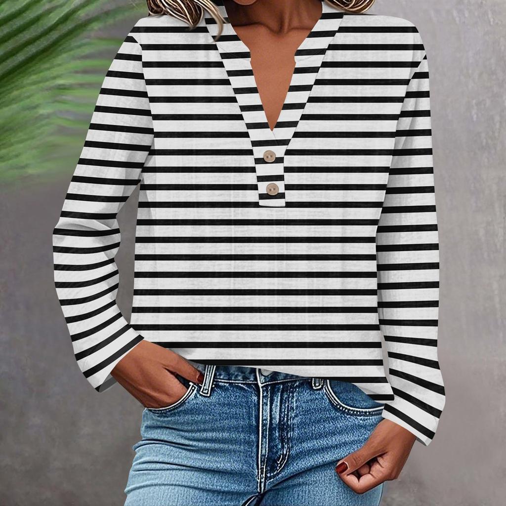 Women's Fashionable And Casual Shirt Long Sleeve V-neck Button Printed Blouse Top