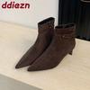 Мода Новая Мода Флок Женские Ботильоны Современные Каблуки Туфли Лодочки Женский Острый Носок Женские Короткие Ботинки С Молниями Обувь