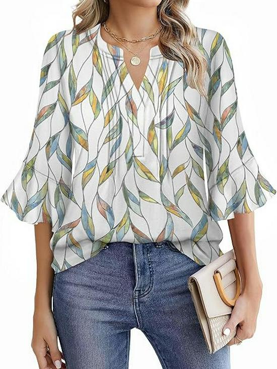 Шифоновая блузка Lotus Leaf 2025 с V-образным вырезом - Однотонная, с рукавами три четверти, Повседневная, свободного кроя