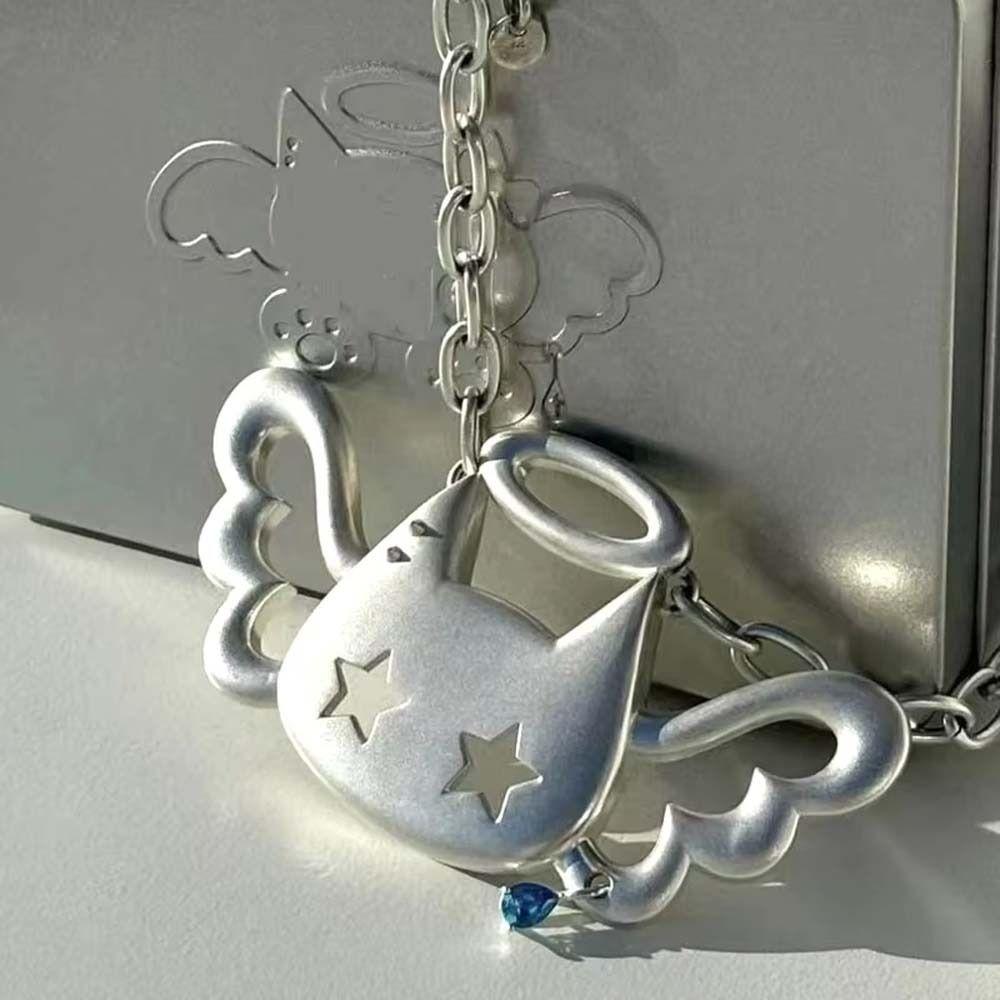 Silver Color Wing Cat Pendant Water Drop Necklace Punk Fashion Y2K Necklace  Women Girls