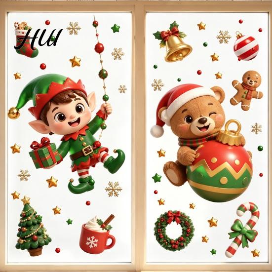 Holiday Atmosphere Window Films 2PCS Christmas Static Sticker, Cute Cartoon Elves And Bears Theme Glass Clings Print, PVC Stickers for Home