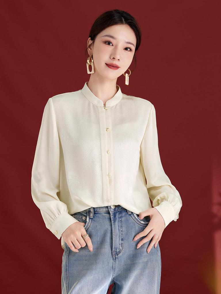 Женская элегантная рубашка из французского шелка - Осень 2025, с длинным рукавом, воротник-стойка, роскошный топ из шелка тутового дерева.