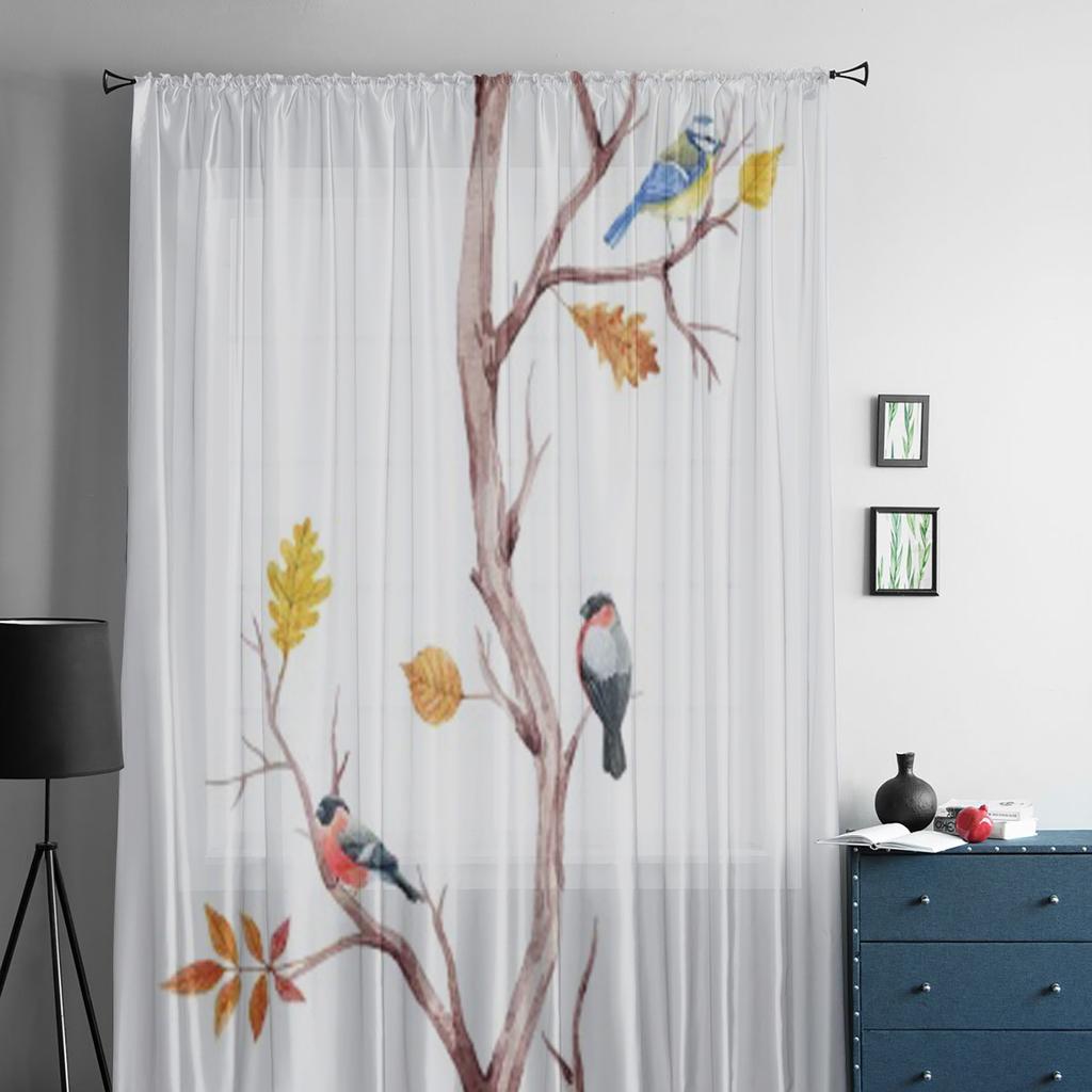Прозрачные шторы с рисунком осенних деревьев и птиц для спальни, гостиной, тюлевые шторы для кухни, оконные вуали, шторы