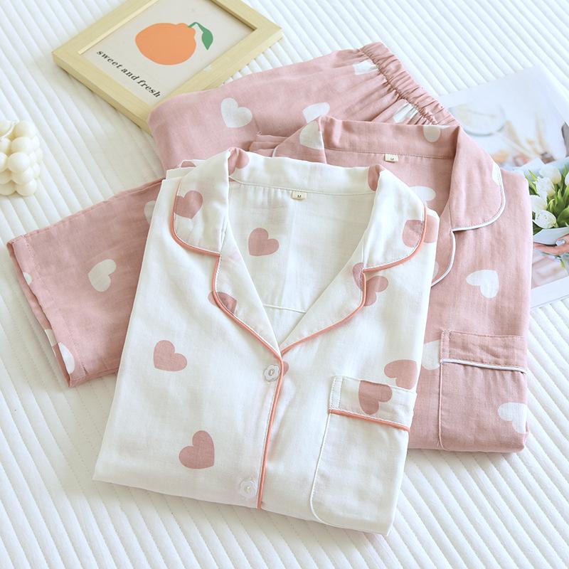 Women's Long Sleeve Cotton Pajamas - Heart Pattern, Double Layer Gauze, Sweet & Cozy Homewear Set for Spring/Autumn