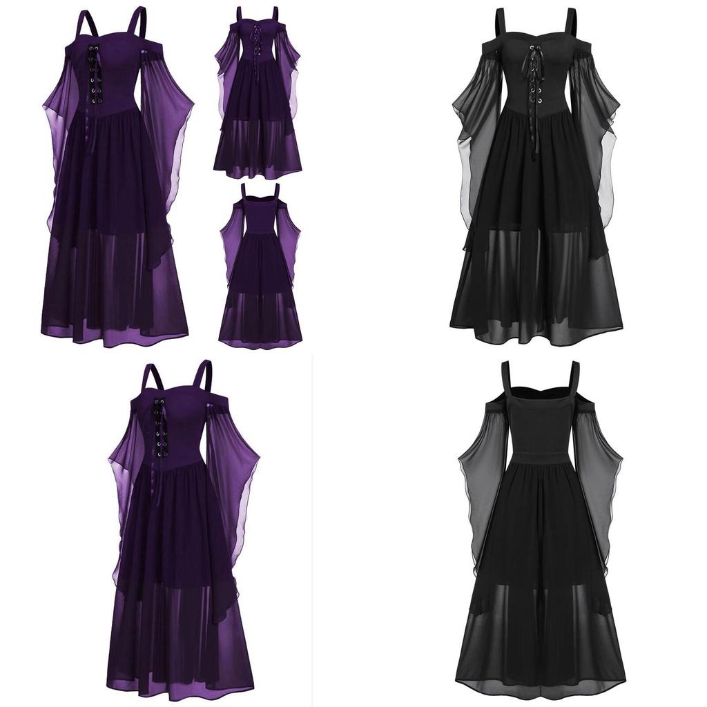 Хэллоуинское платье ведьмы Готический средневековый костюм для косплея С открытыми плечами Высококачественная полиэстеровая ткань