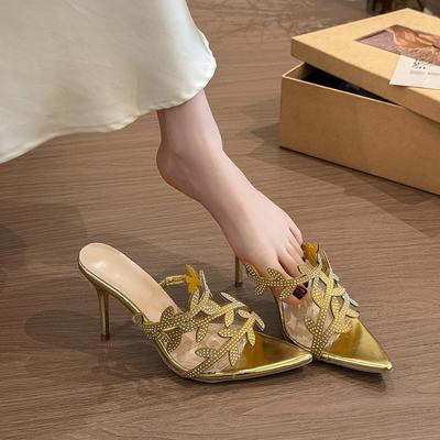 Мода Лето Новинка 2025 Золотые Ветви и Нефритовые Листья Высокие Каблуки Черный Острый Носок Сексуальные Французские Сандалии С Открытым Носком Стилетто