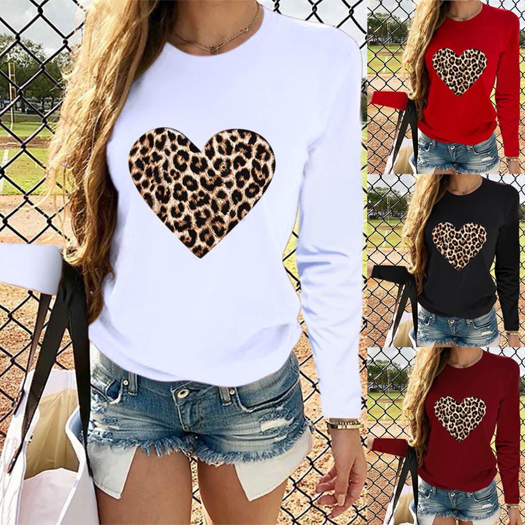 Women Casual Long Sleeve Leopard Print Heart-shaped Top
