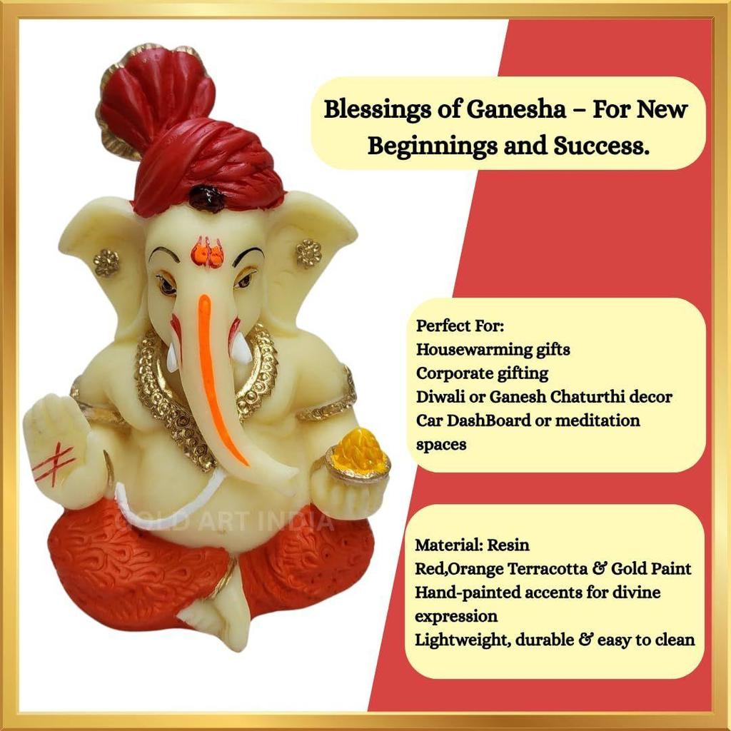 Ganesha Idol with Red Pagdi for Home & Office Decor | Car Dashboard Idol Ganesha Murti Ganpati Idol for Home Decor