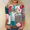 Women's Fashion Casual Round Neck Three-quarter Sleeve Retro Floral Print T-shirt Top