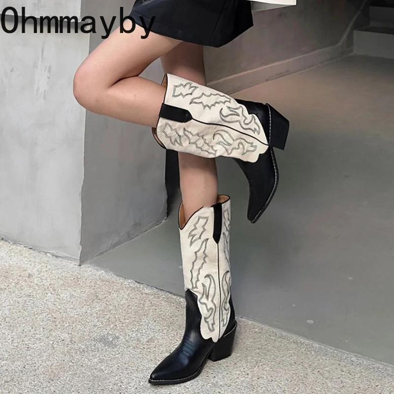 Мода Винтажные женские сапоги в стиле ковбойши Модные туфли с острым носком и вышивкой Осень-зима Толстый каблук Дамы Длинные сапоги рыцаря